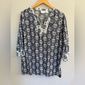 Sigrid Olsen Linen Top Blue White Pattern Popover Blouse Womens Size L Boho Chic